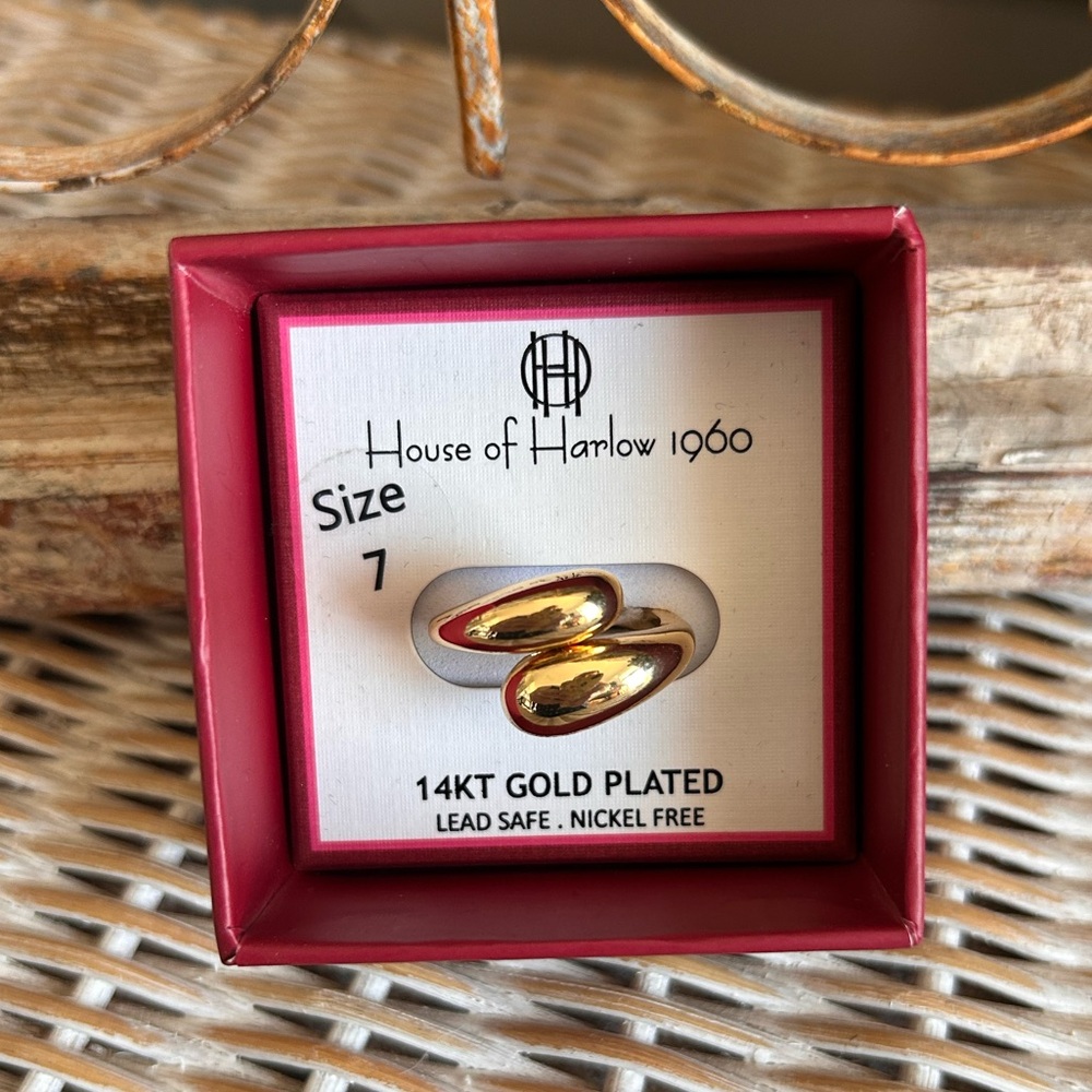 House of Harlow 1960 gold plated double teardrop ring.
